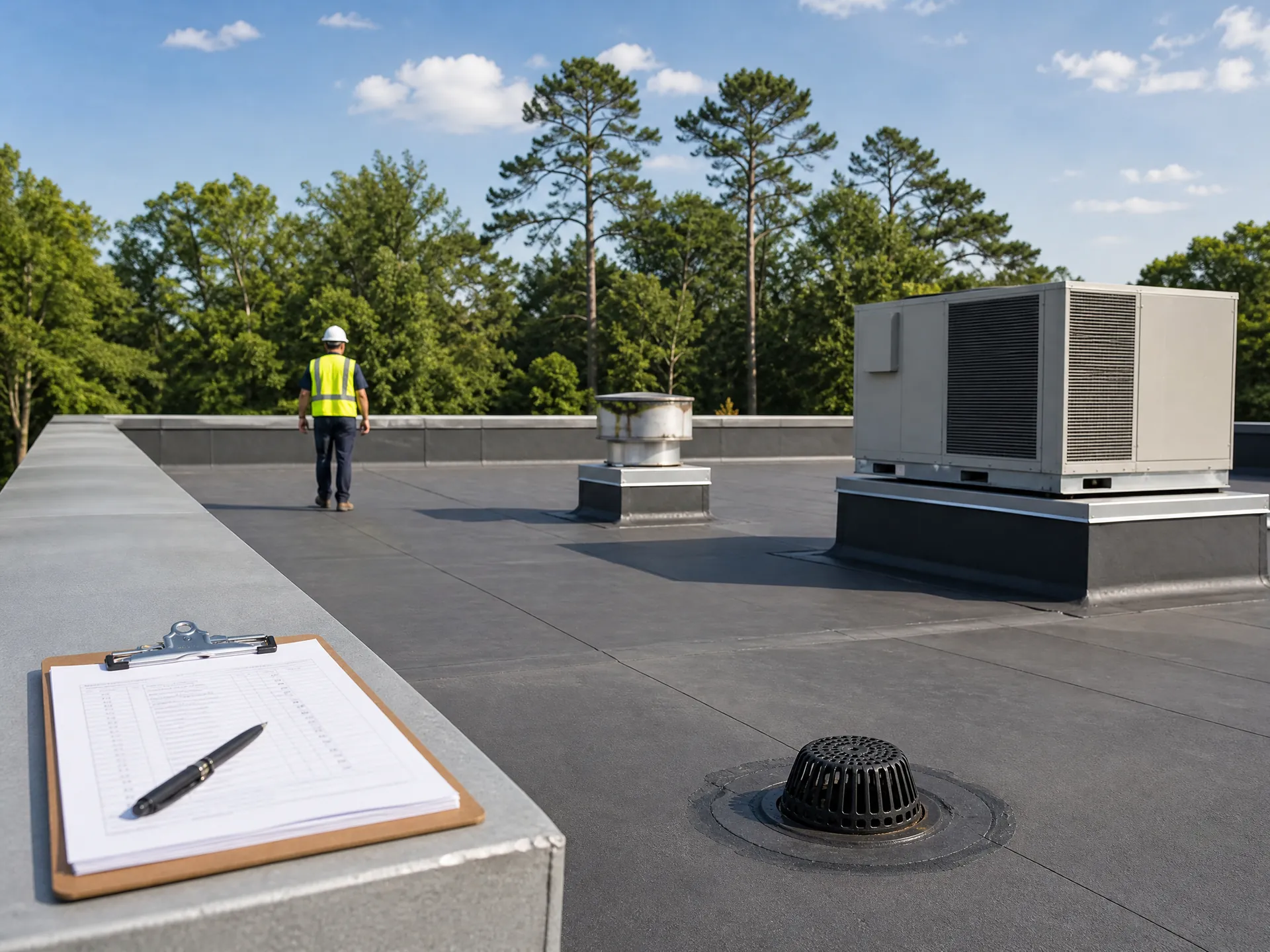 North Carolina commercial roof maintenance inspection near a roof drain and rooftop equipment