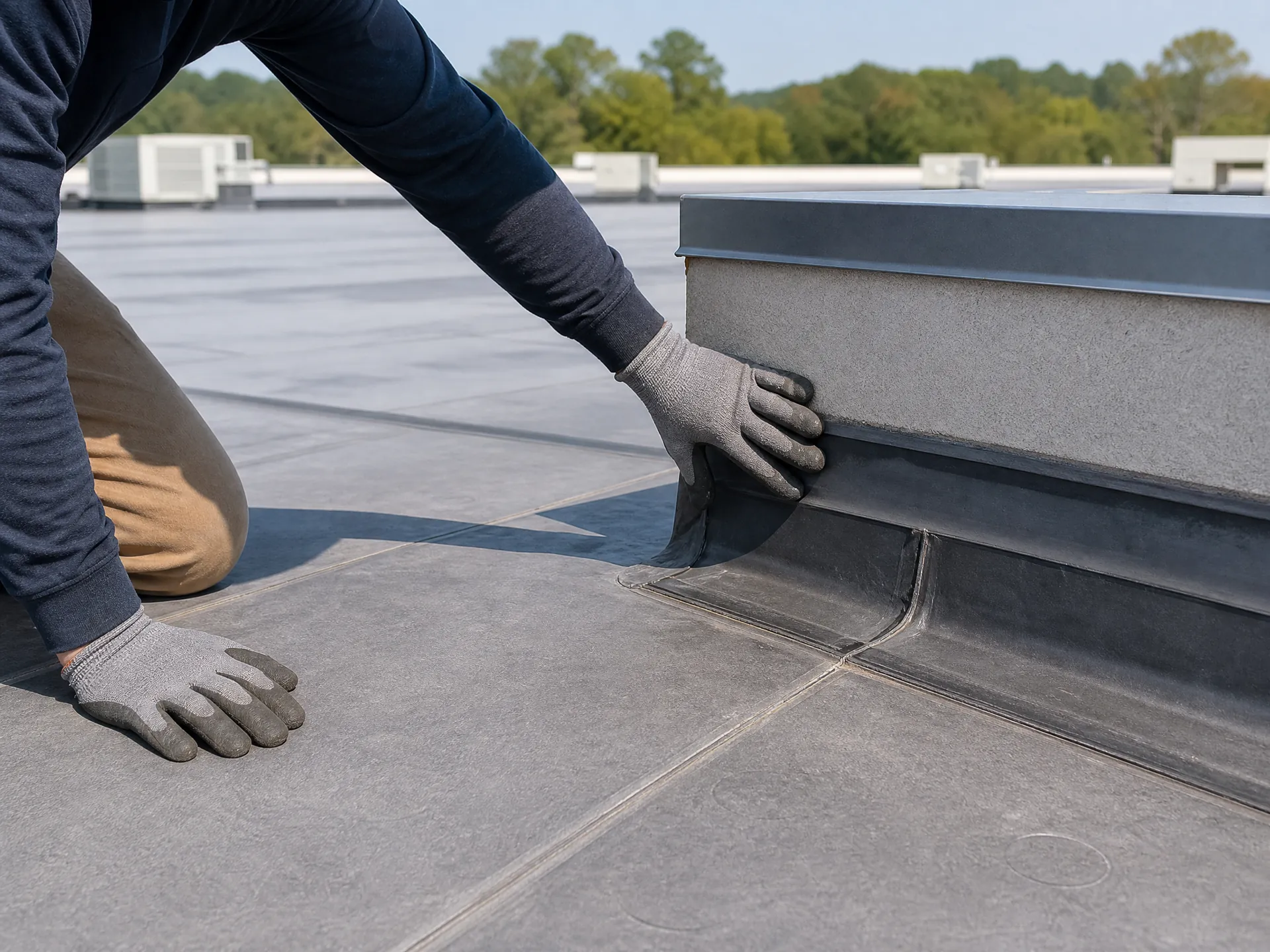 North Carolina commercial roof repair technician inspecting a low-slope membrane seam and flashing detail